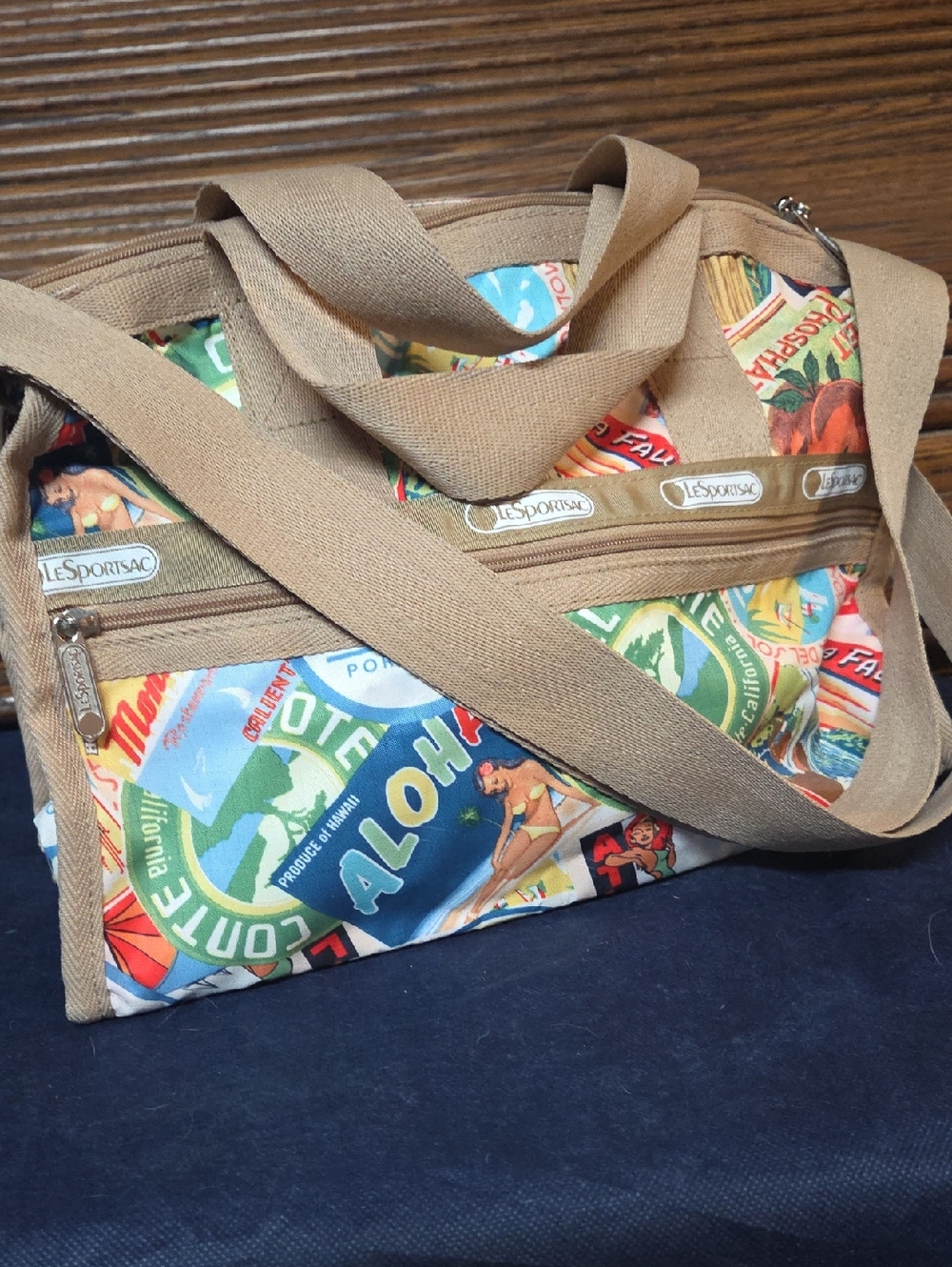 Lesportsac Aloha Multi-Color Messenger Bag with Tan Straps